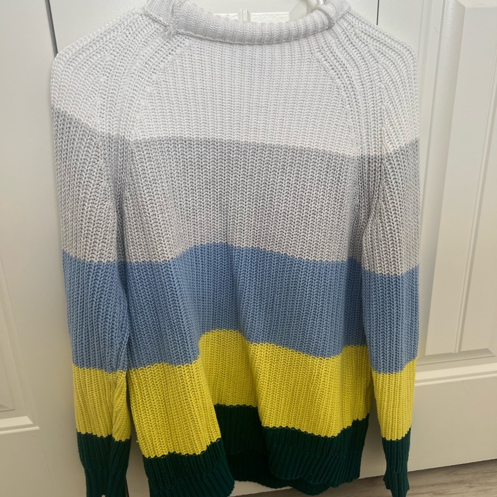 Striped Knit Sweater in White, Blue, Yellow, and Green